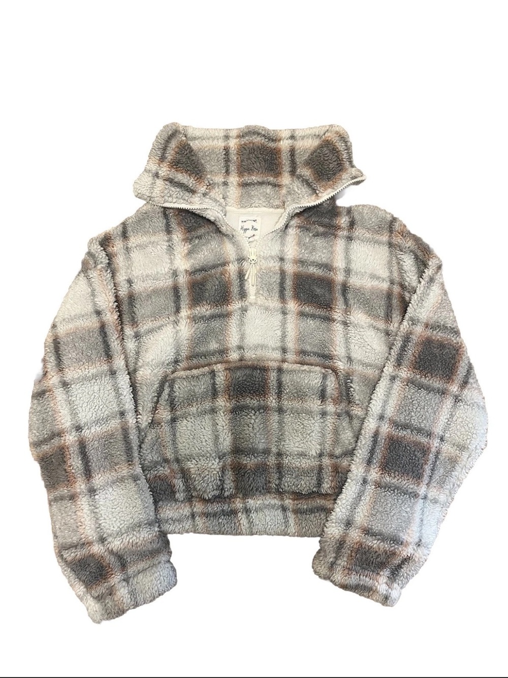 Hippie Rose Plaid Sherpa Half-Zip Pullover - Gray & Beige Size XS